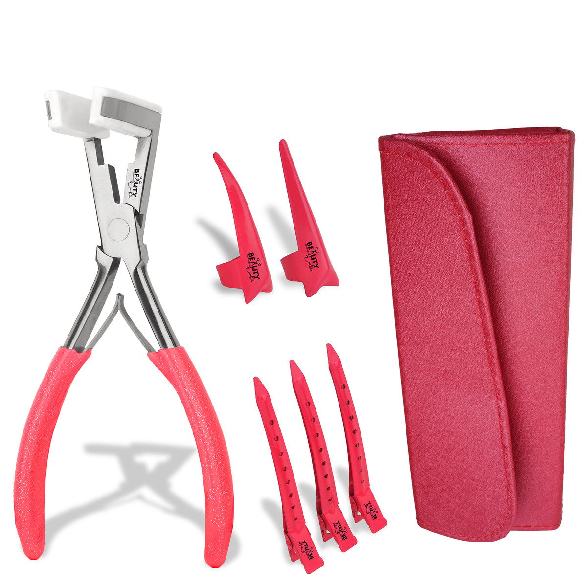 TapeLock Hair Extensions Kit – Plier, Rings & Clips (Pink)