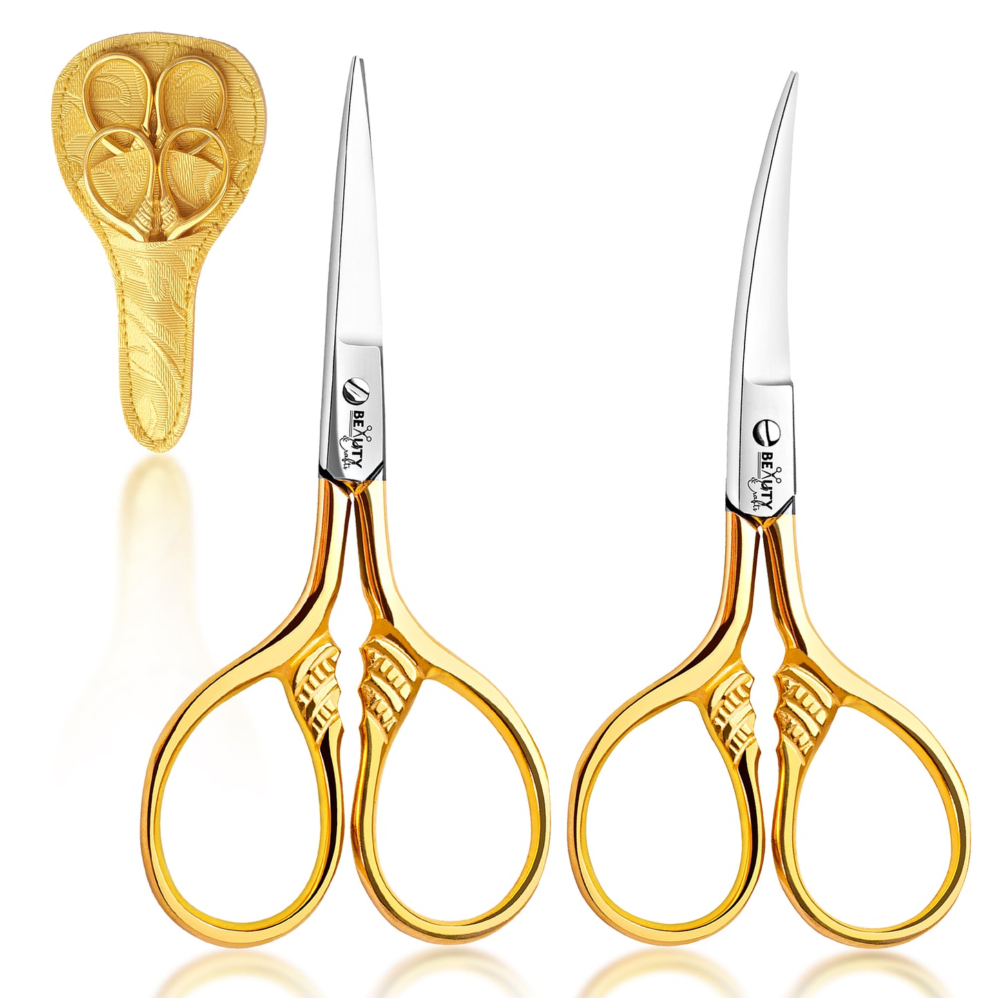 3.5'' 2PC Facial Hair Scissors For Men Women - Eyebrow Scissors Grooming Scissors Mustache, Nose, Beard, Eyebrows, Eyelashes Hair Scissors Curved & Straight with Pouch (Gold)