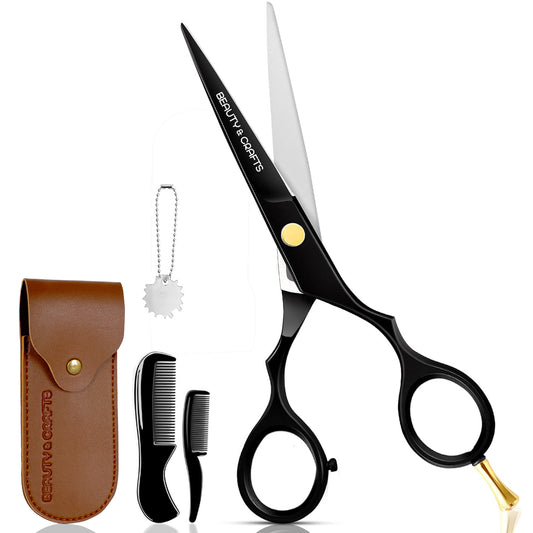 5.5" Japanese Steel Beard & Mustache Scissors-2 Mustache and Beard Combs with Pouch (Black)