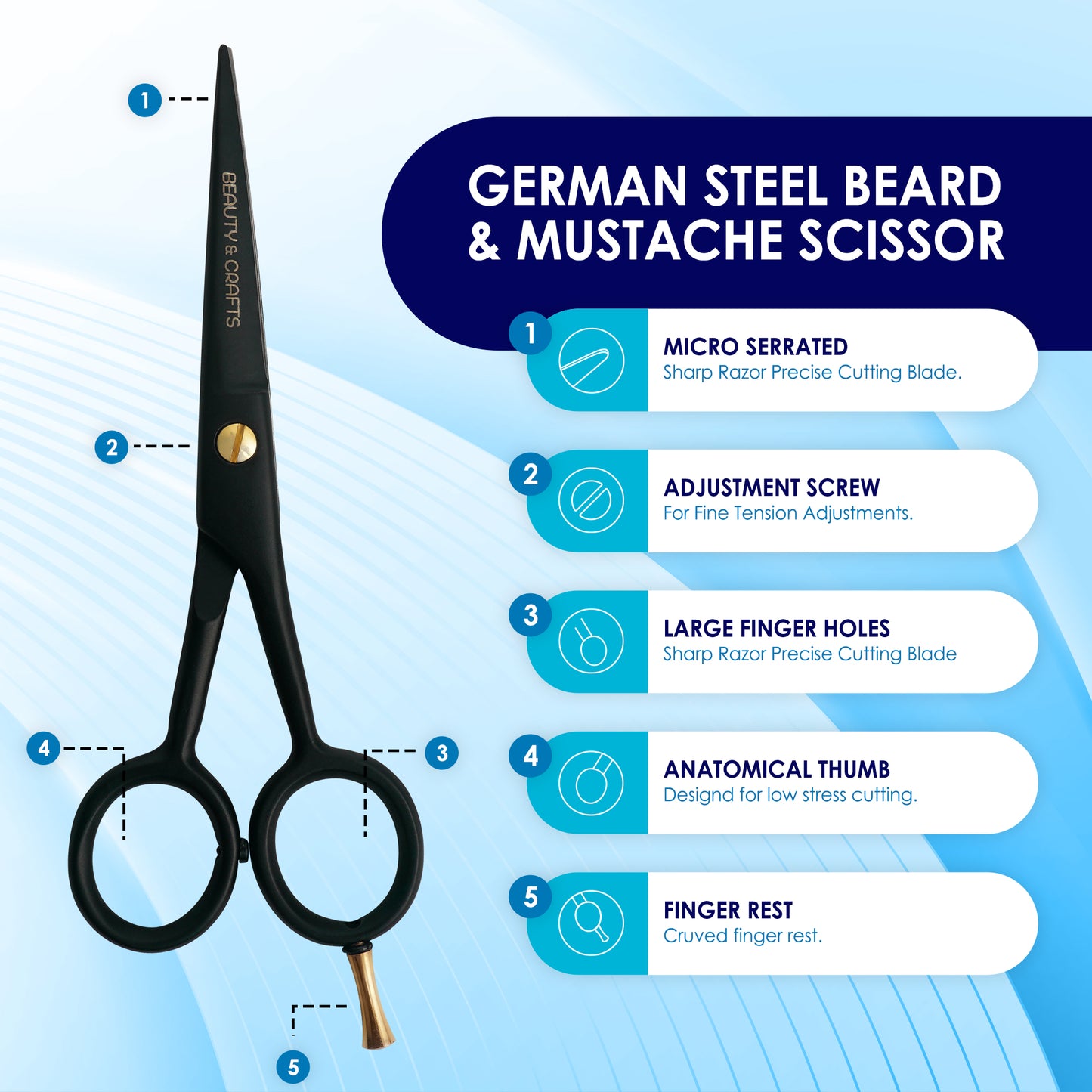 5'' German Beard Mustache Scissor- 2 Mustache Combs For Facial Hair with Tweezer & Pouch (Black)