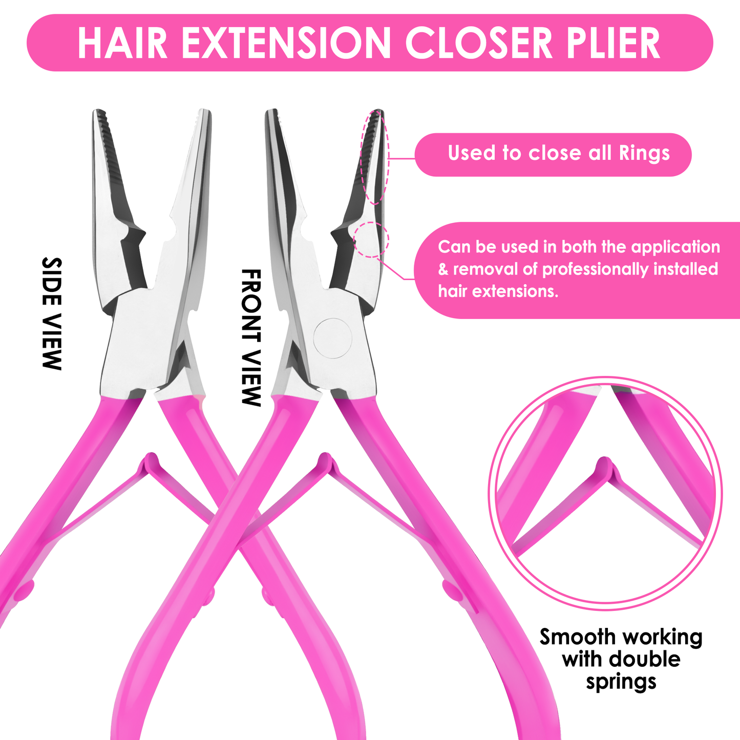 Hair Extension Tools Kit- Stainless Steel Pliers Set for Micro Beads- 1 Crochet Needle 1 Pulling Hook with Tail Comb (Pink)