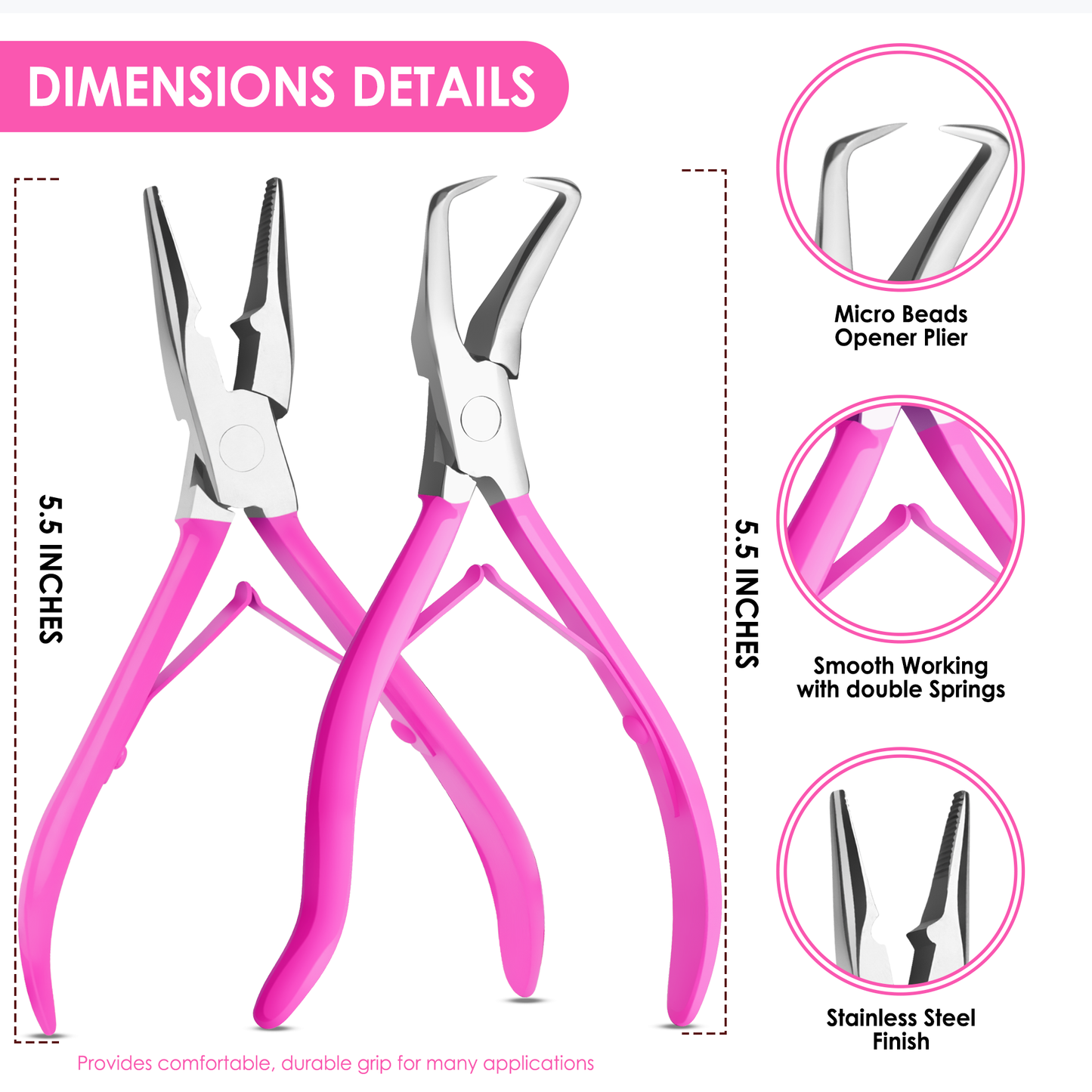 Hair Extension Tools Kit- Stainless Steel Pliers Set for Micro Beads- 1 Crochet Needle 1 Pulling Hook with Tail Comb (Pink)