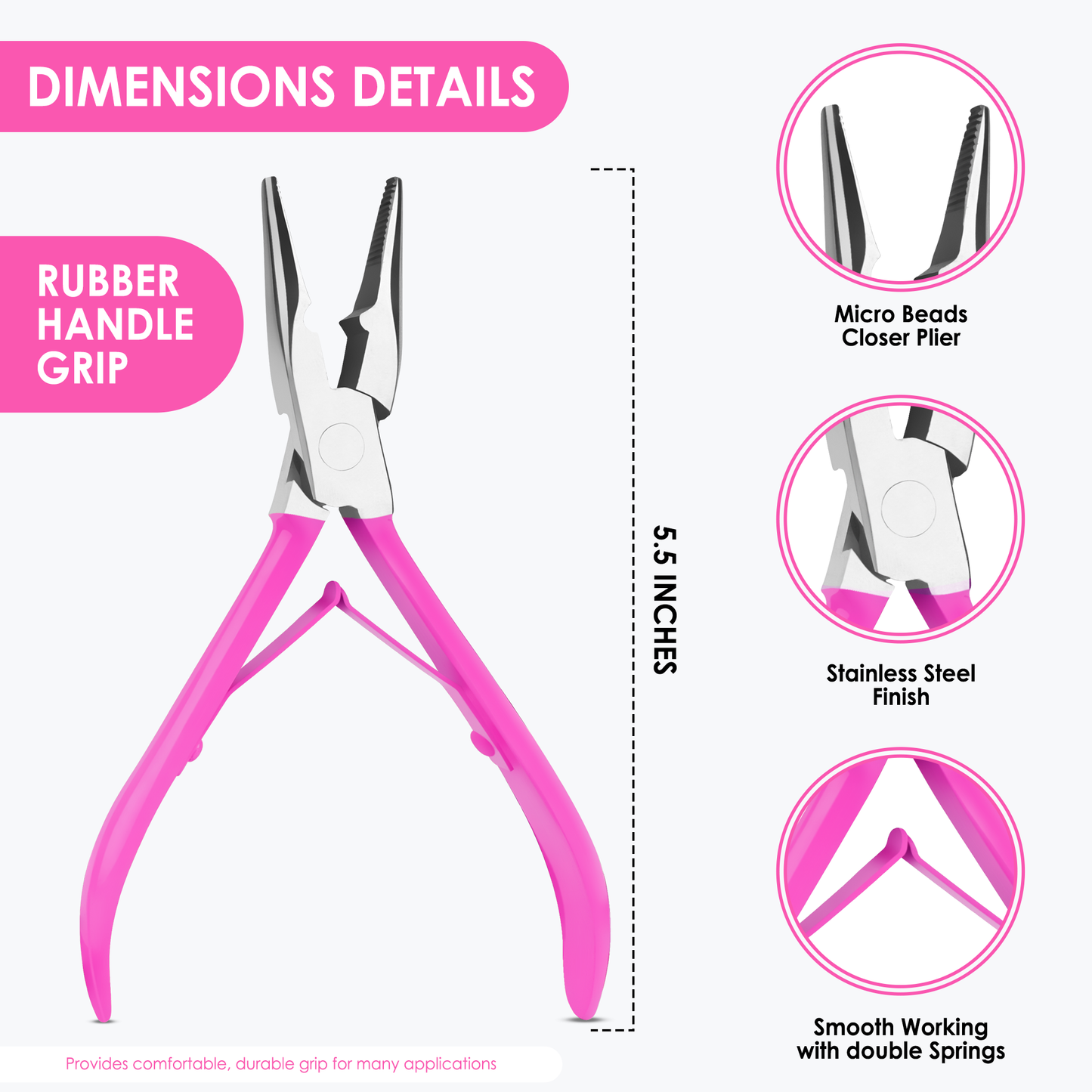 Hair Extension Tools Kit- Stainless Steel Pliers Set for Micro Beads- 1 Crochet Needle 1 Pulling Hook with Tail Comb (Pink)