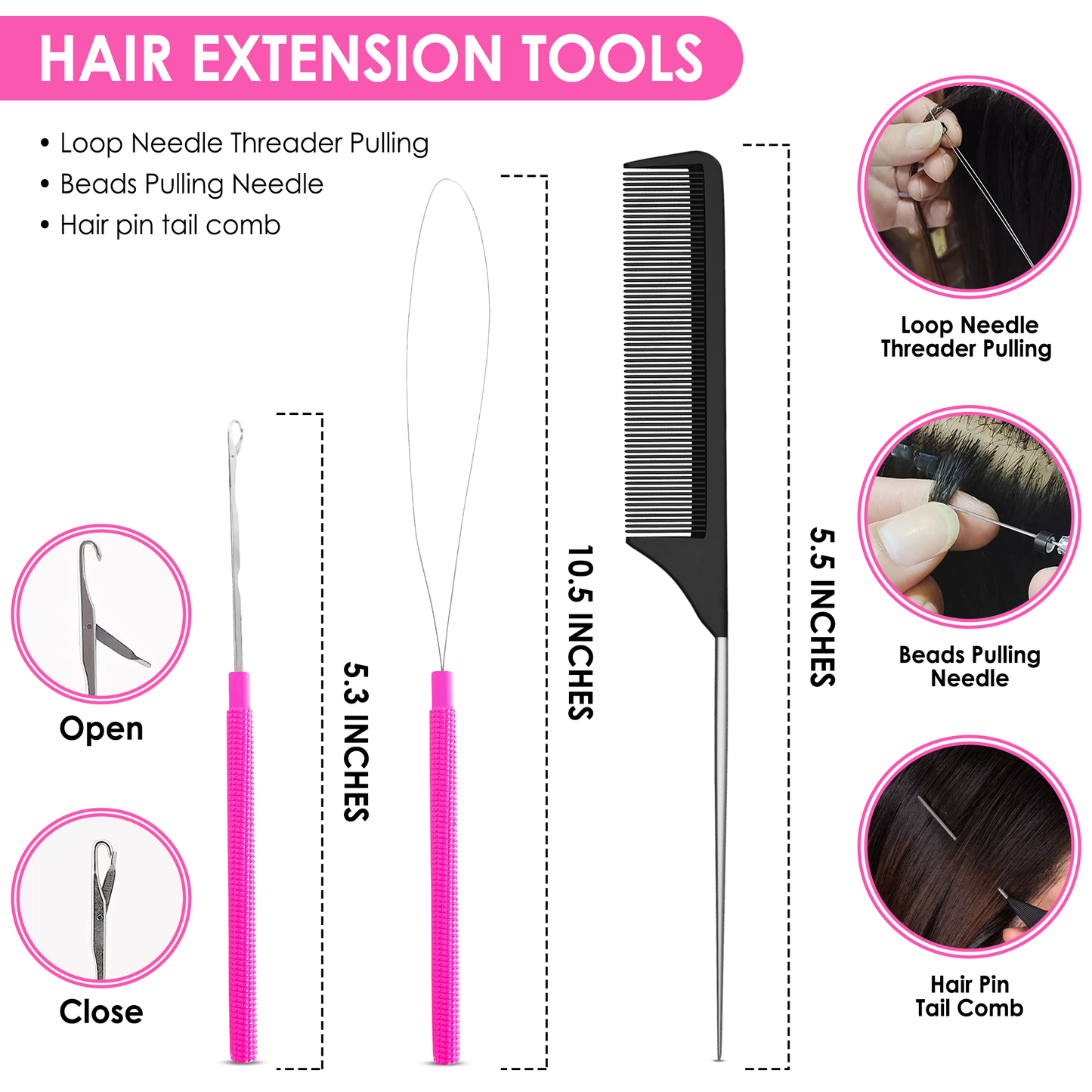 Hair Extension Tools Kit- Stainless Steel Pliers Set for Micro Beads- 1 Crochet Needle 1 Pulling Hook with Tail Comb (Pink)