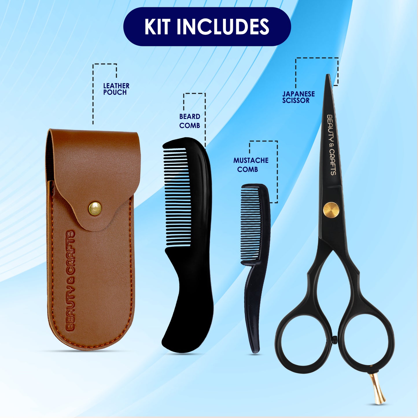 5.5" Japanese Steel Beard & Mustache Scissors-2 Mustache and Beard Combs with Pouch (Black)