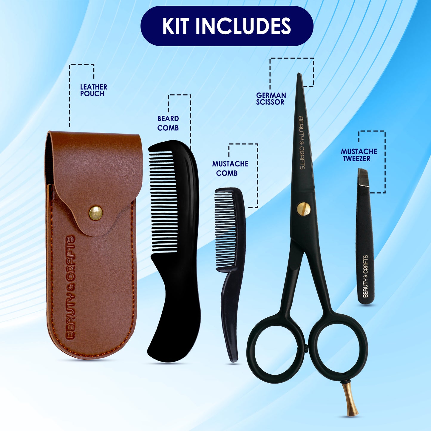 5'' German Beard Mustache Scissor- 2 Mustache Combs For Facial Hair with Tweezer & Pouch (Black)