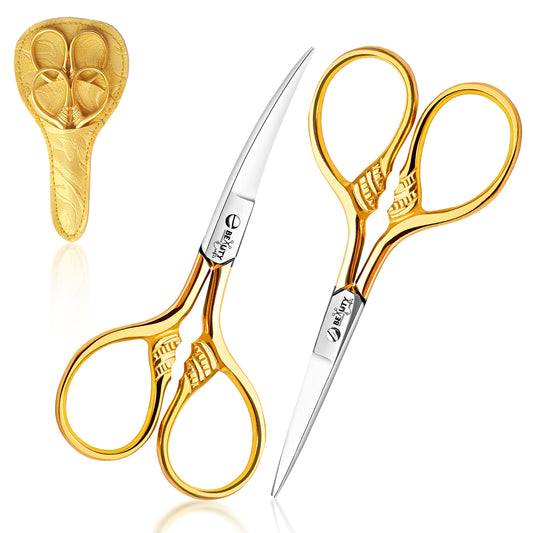 3.5'' 2PC Facial Hair Scissors For Men Women - Eyebrow Scissors Grooming Scissors Mustache, Nose, Beard, Eyebrows, Eyelashes Hair Scissors Curved & Straight with Pouch (Gold)