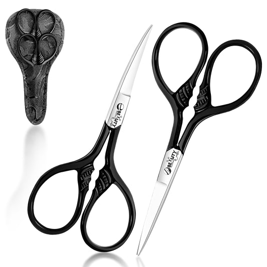 3.5'' 2PC Facial Hair Scissors For Men Women - Eyebrow Scissors Grooming Scissors Mustache, Nose, Beard, Eyebrows, Eyelashes Hair Scissors Curved & Straight with Pouch (Black)