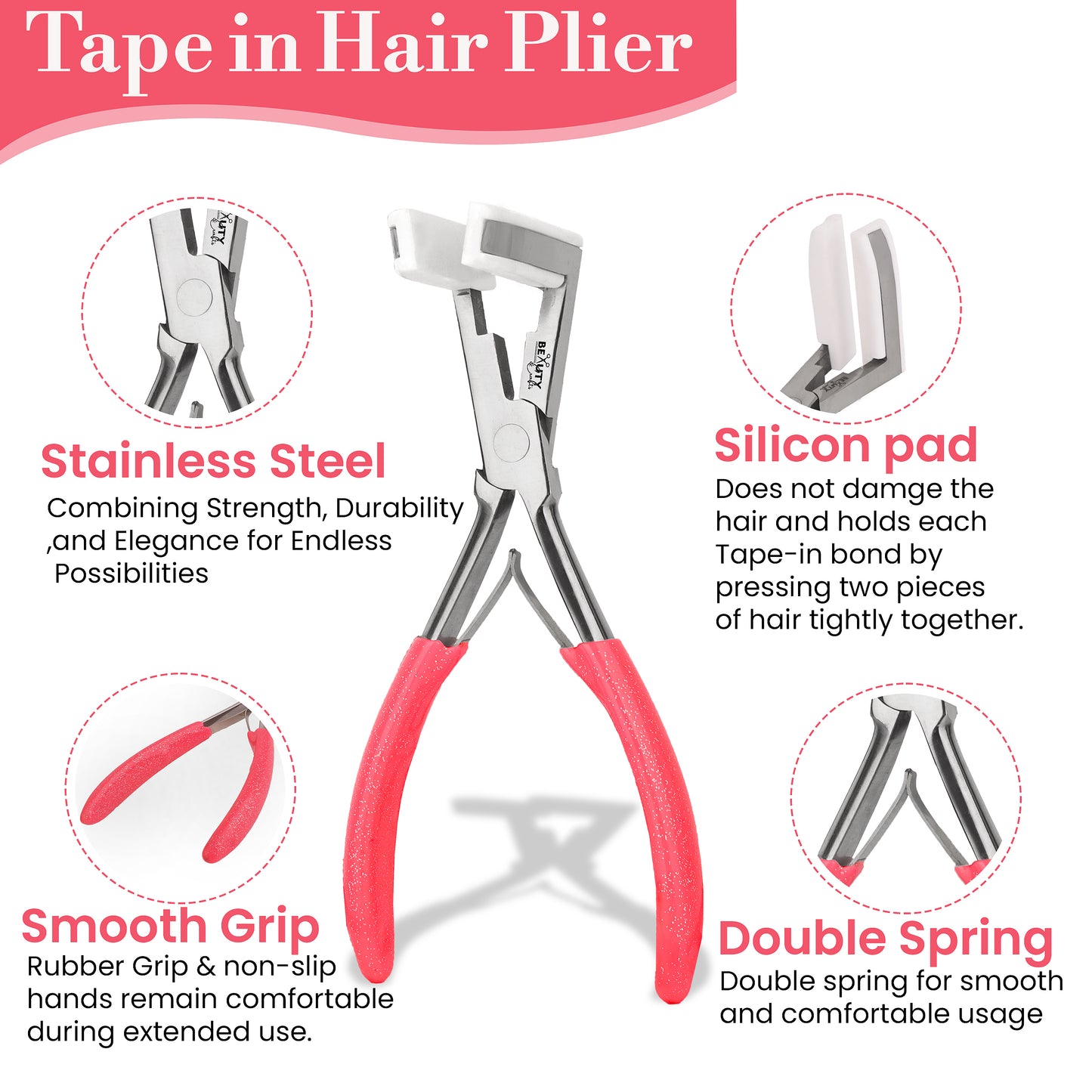 Tape in Hair Extensions Kit With Sealing Clamp Plier, 2 Hair Parting Rings and 3 Hair Clips - Stainless Steel (Pink)