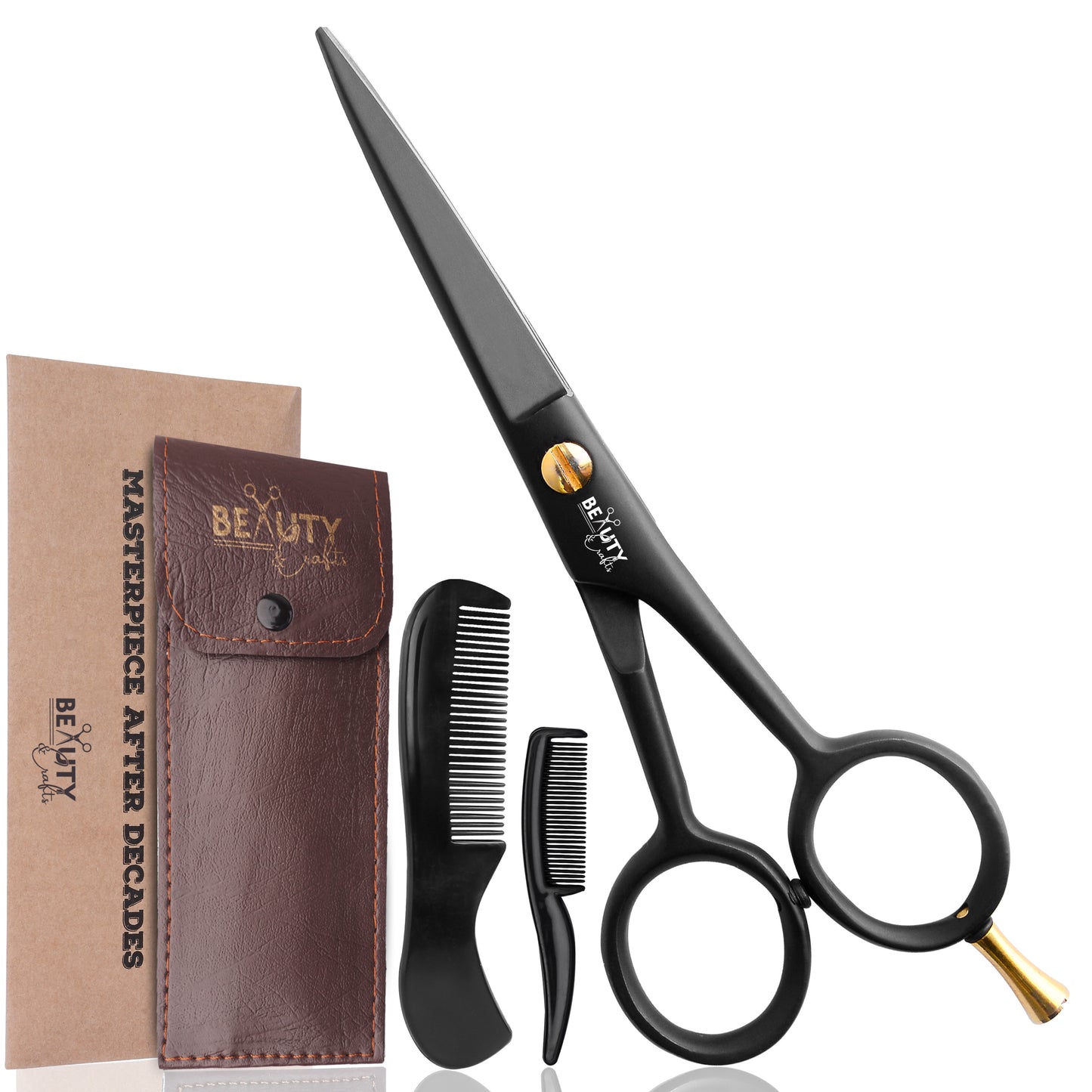 5'' German Beard Mustache Scissor- 2 Mustache Combs For Facial Hair with Beautiful Pouch (Black)