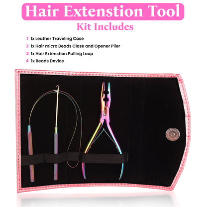 Micro Links Hair Extensions Kit- Stainless Steel Beads Plier, Loop Needle Pulling Hook, Bead Device Tools (Rainbow)