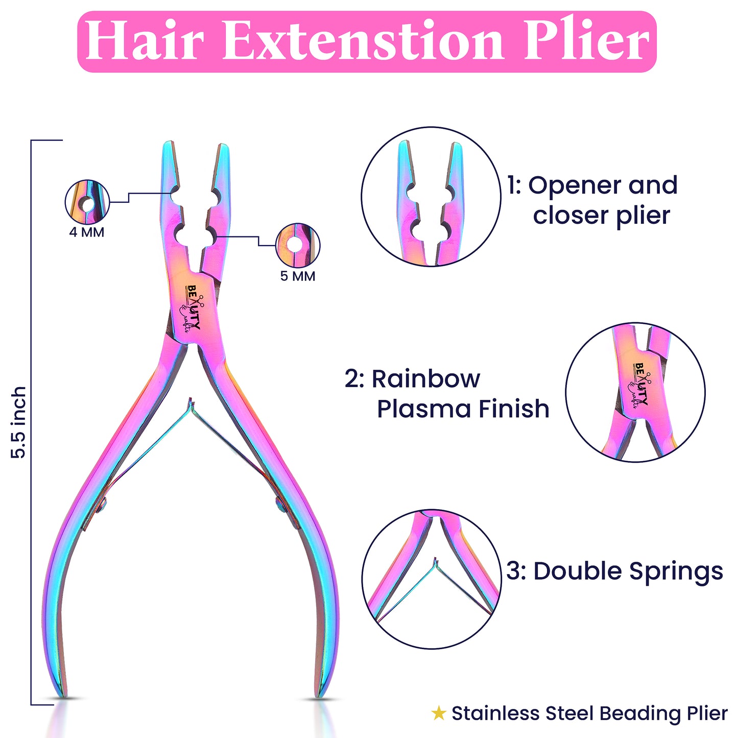 Micro Links Hair Extensions Kit- Stainless Steel Beads Plier, Loop Needle Pulling Hook, Bead Device Tools (Rainbow)