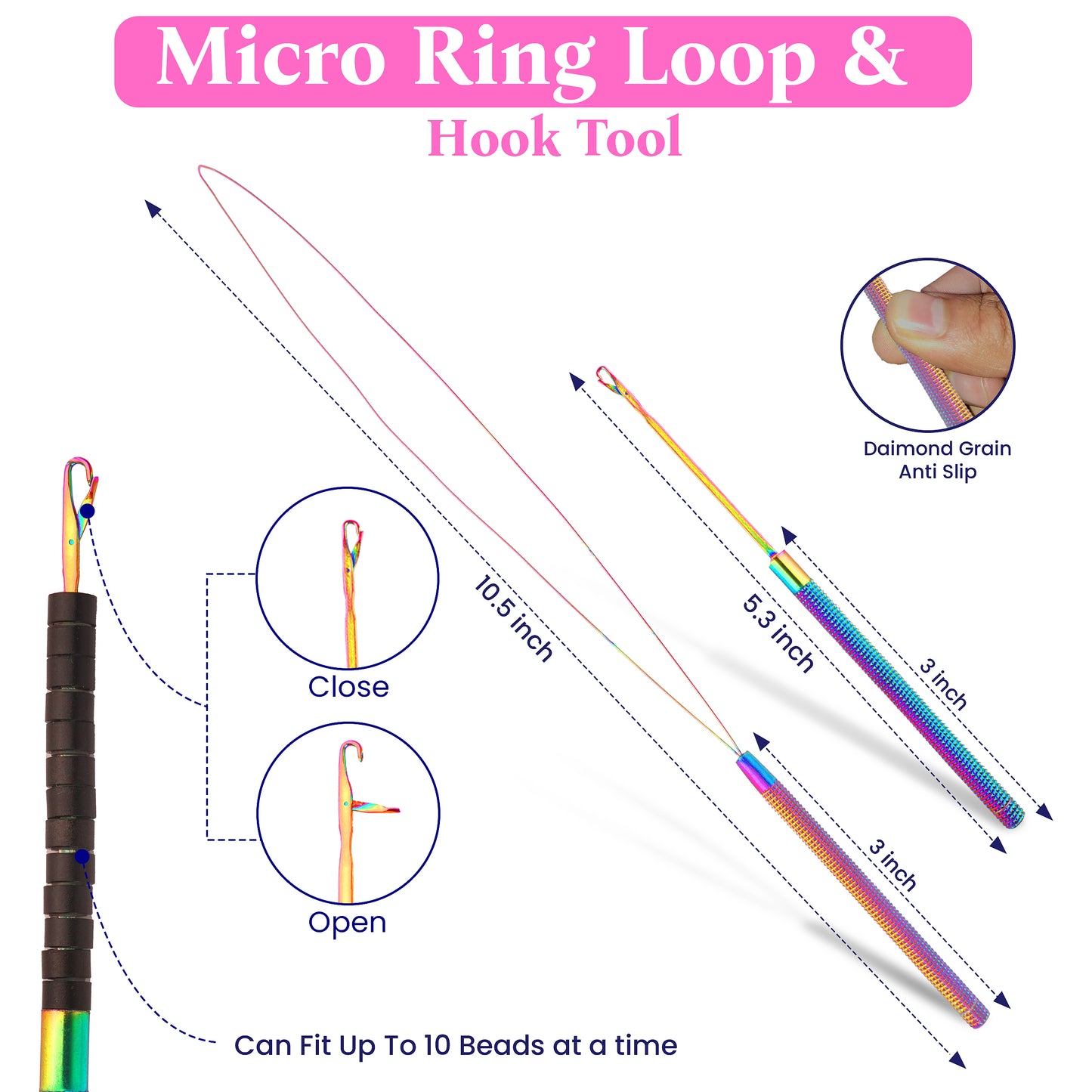 Micro Links Hair Extensions Kit- Stainless Steel Beads Plier, Loop Needle Pulling Hook, Bead Device Tools (Rainbow)