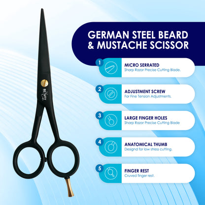 5'' German Beard Mustache Scissor- 2 Mustache Combs For Facial Hair with Beautiful Pouch (Black)