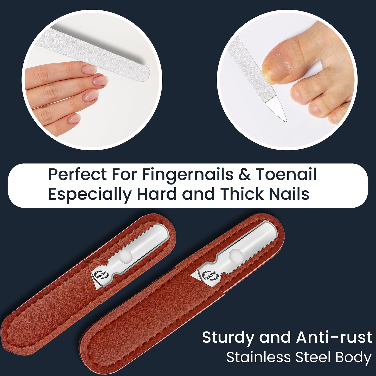 2 PCS Stainless Steel Nail Files with Gripy Handle & Leather Case, Fingernail Files for Home & Salon