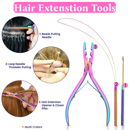 Micro Links Hair Extensions Kit- Stainless Steel Beads Plier, Loop Needle Pulling Hook, Bead Device Tools (Rainbow)