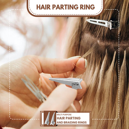 2PC Pro Hair Parting & Sectioning Rings (Straight & Curve)-Stainless Steel Finger Tool (Silver)