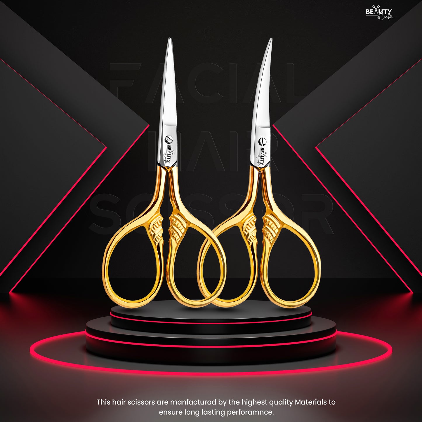 3.5'' 2PC Facial Hair Scissors For Men Women - Eyebrow Scissors Grooming Scissors Mustache, Nose, Beard, Eyebrows, Eyelashes Hair Scissors Curved & Straight with Pouch (Gold)