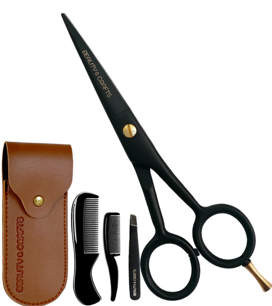 5'' German Beard Mustache Scissor- 2 Mustache Combs For Facial Hair with Tweezer & Pouch (Black)