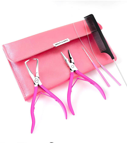 Hair Extension Tools Kit- Stainless Steel Pliers Set for Micro Beads- 1 Crochet Needle 1 Pulling Hook with Tail Comb (Pink)