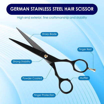 6.5” Professional Hair Cutting Scissor with Comb - Japanese Stainless Steel Shears For Men &  Women (Black)