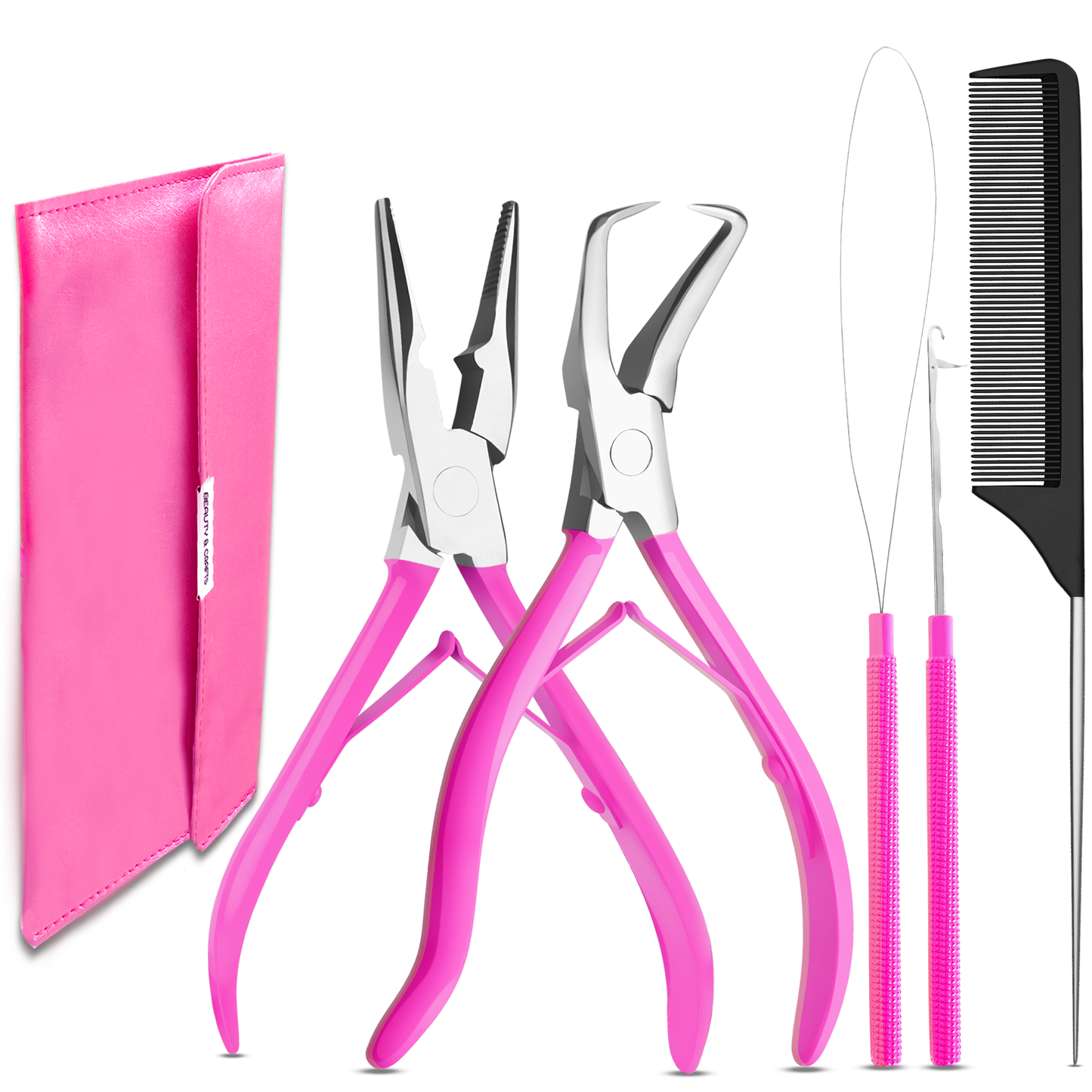 Hair Extension Tools Kit- Stainless Steel Pliers Set for Micro Beads- 1 Crochet Needle 1 Pulling Hook with Tail Comb (Pink)