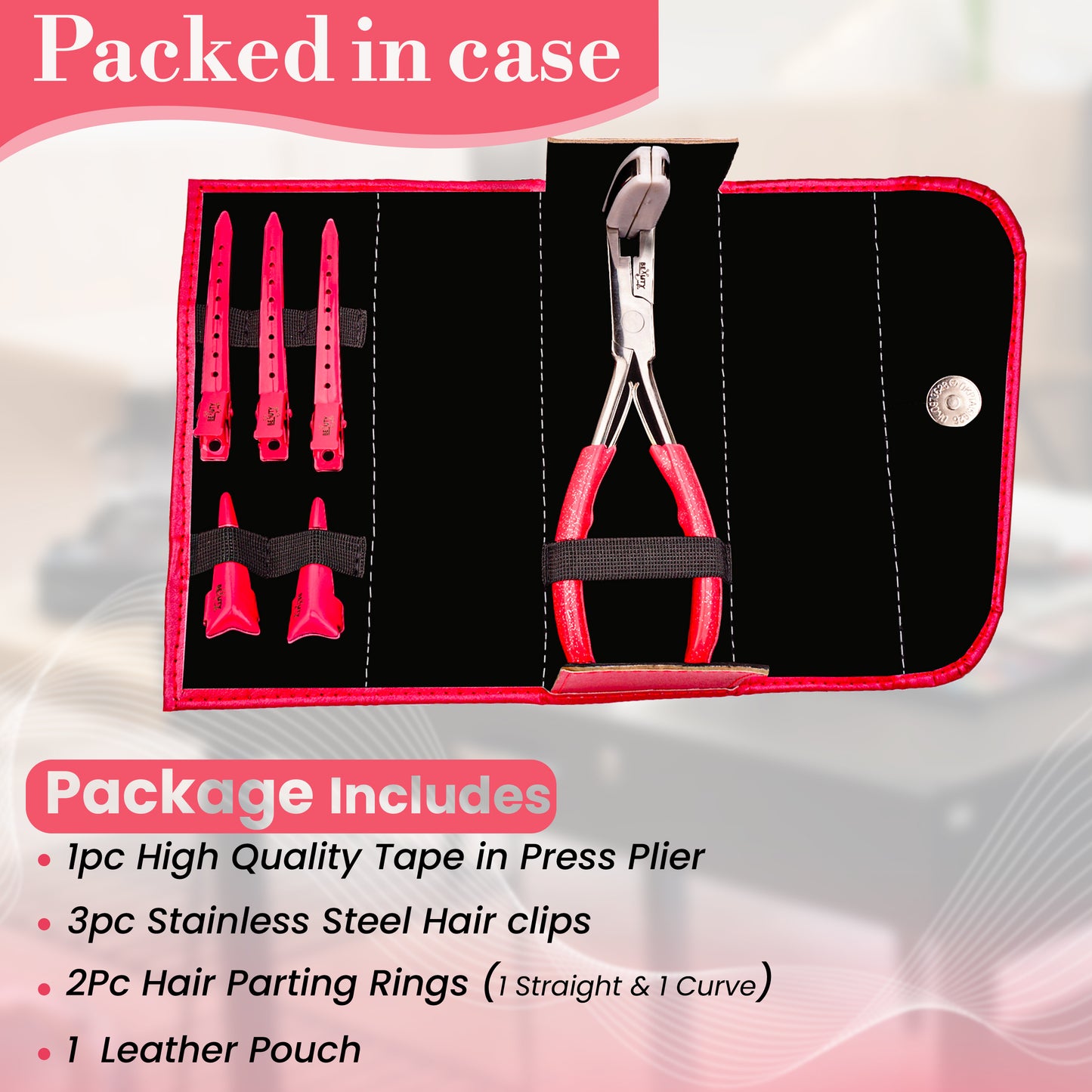 Tape in Hair Extensions Kit With Sealing Clamp Plier, 2 Hair Parting Rings and 3 Hair Clips - Stainless Steel (Pink)