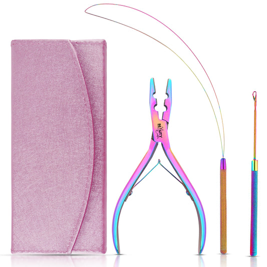 Micro Links Hair Extensions Kit- Stainless Steel Beads Plier, Loop Needle Pulling Hook, Bead Device Tools (Rainbow)